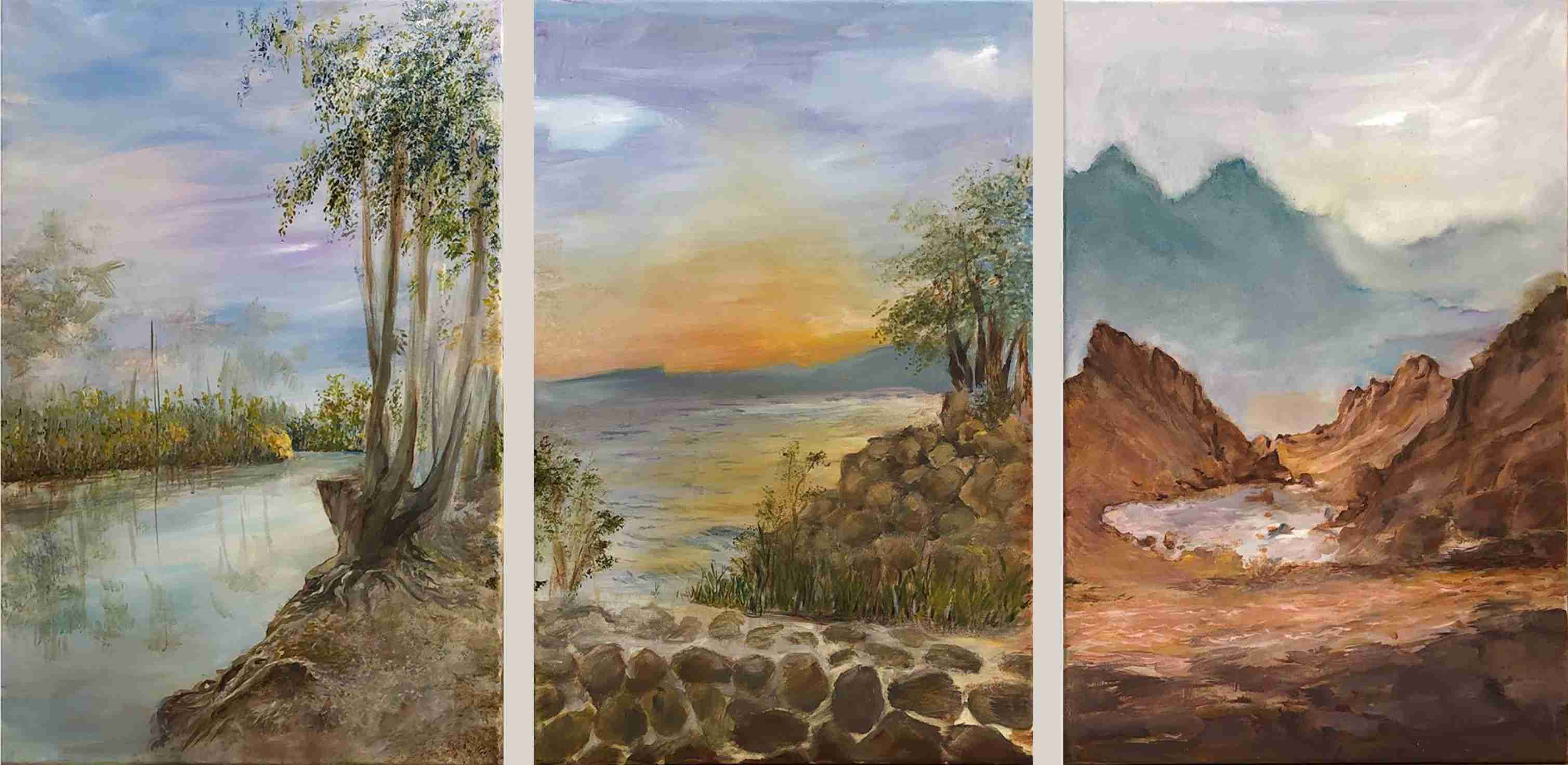 Israeli landscapes Jordan River, Lake Kinneret, Eilat Mountains. Oil on canvas, Rivka Aderet Myers