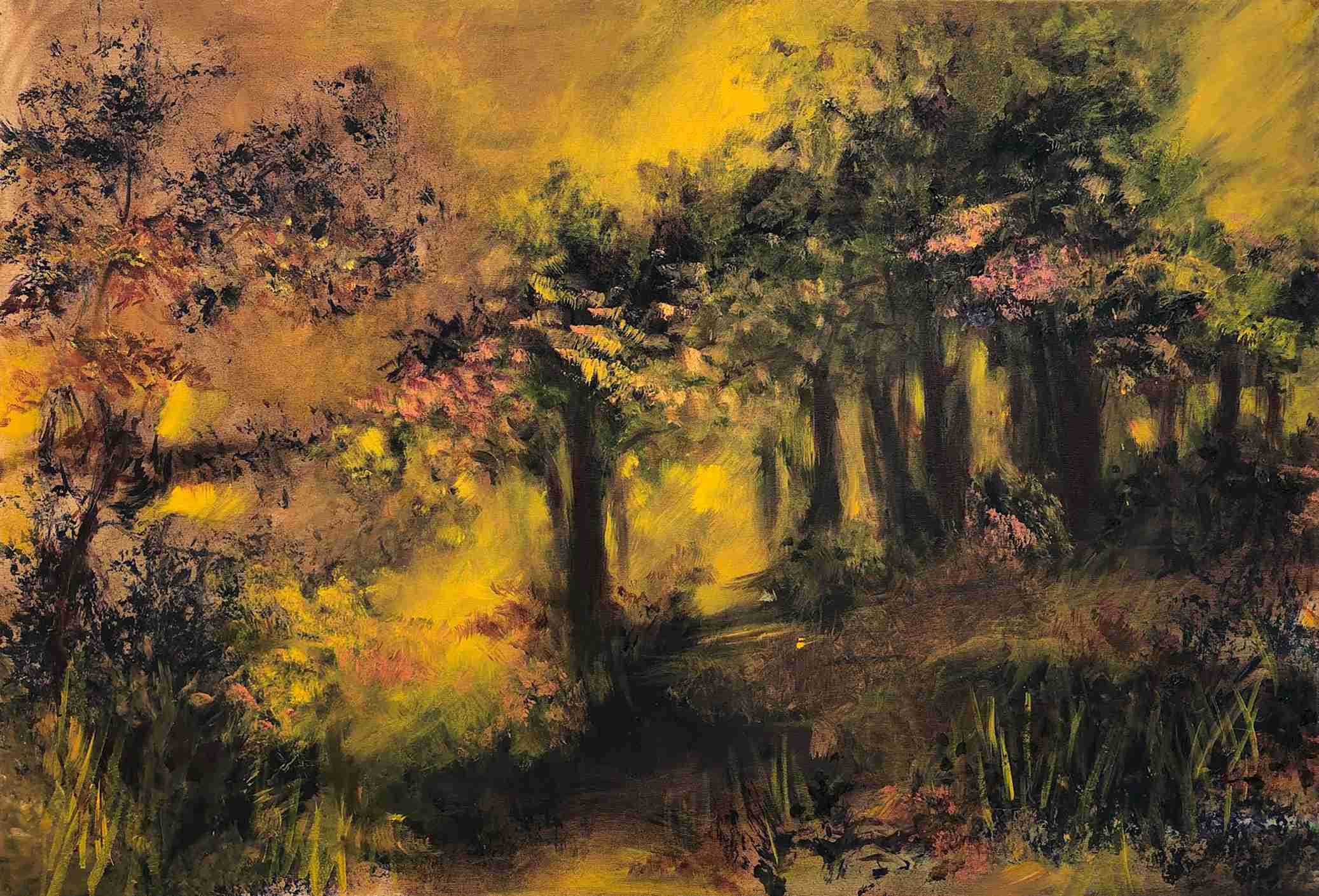 Sunset in the forest. Oil on canvas, Rivka Aderet Myers