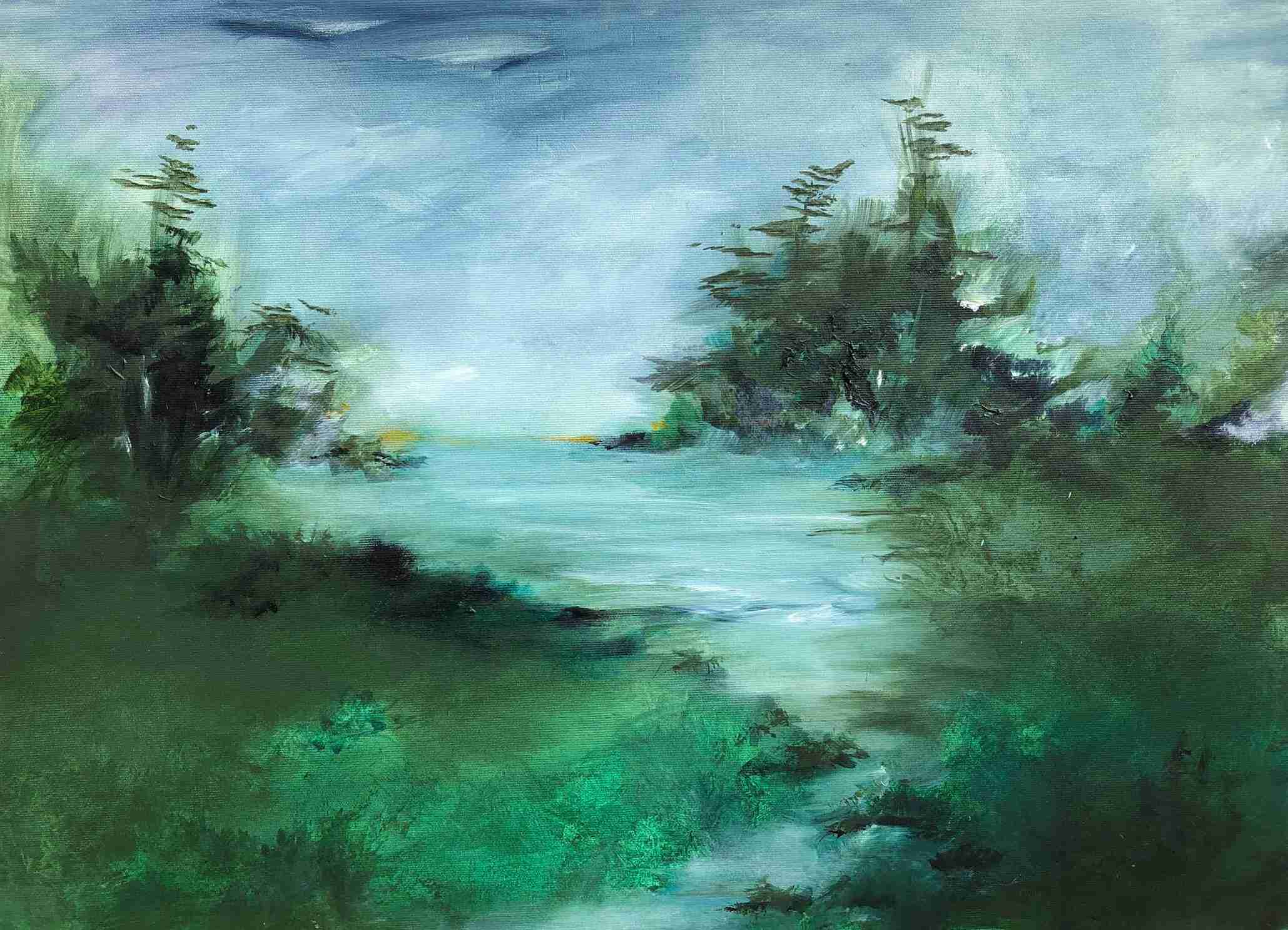 Water, trees and sky. Oil on canvas, Rivka Aderet Myers